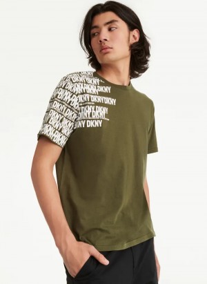 Olive Men's Dkny Asymmetrical Sleeve Logo T Shirts | 562ZNLMGS