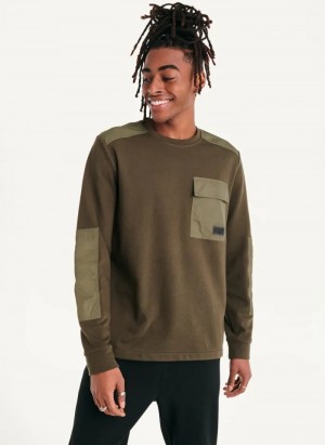 Olive Men's Dkny Mixed Media Military Crewneck Sweaters | 695TZREYC