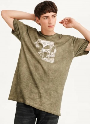 Olive Men's Dkny Pigment Dye Sketched Skull T Shirts | 210XETLBR