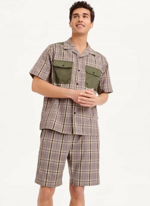 Olive Men's Dkny Plaid/Solid Mixed Short Sleeve Knit Shirts | 640ZTQOYN