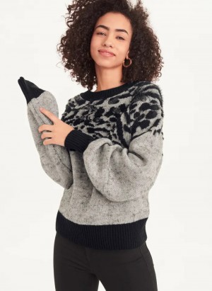 Pebble Heather Women's Dkny Long Sleeve Puff Crew Neck Sweaters | 039MLHXIF