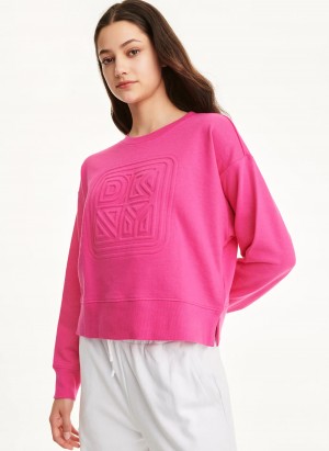 Pink Women's Dkny Cotton Jersey Crew With Logo Embossing Sweatshirts | 592BDAVHR