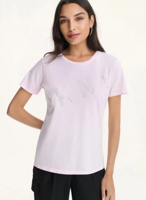 Pink Women's Dkny Diagonal Rhinestone Logo T Shirts | 452DUWEXG