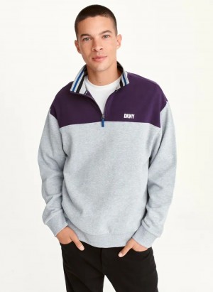 Purple Men's Dkny Fleece Half Zip Colorblock Pullover | 507QDIOXG