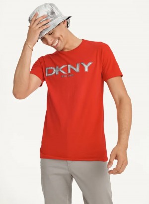 Red Men's Dkny Metallic Puff Logo T Shirts | 435PKIQZE
