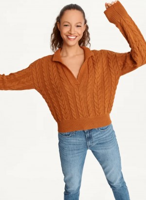 Roasted Pecan Women's Dkny Polo Cable knit Sweaters | 627XGDZFA