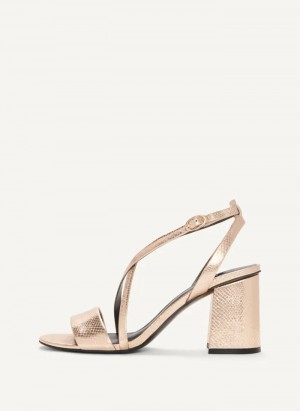 Rose Gold Women's Dkny Metallic Snake Strappy Block Heels | 637WZPUOJ