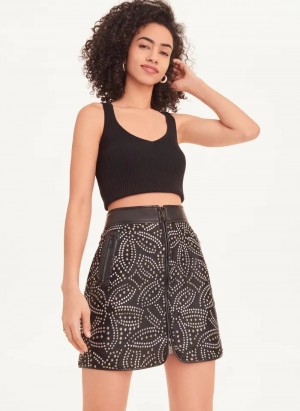 Silver/Black Women's Dkny Faux Stud Front Zip Mini Skirt | 826XWYSKV