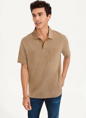 Taupe Men's Dkny Cotton Slub Jersey Single Breast Polo Shirts | 716YGOLPD