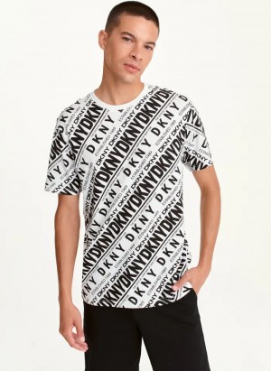 White/Black Men's Dkny ALLOVER DIAGONAL LOGO T Shirts | 250UETRMA