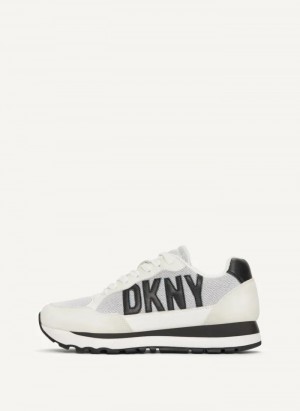 White/Black Women's Dkny Exploded Logo Retro Sneakers | 643SNGMXR