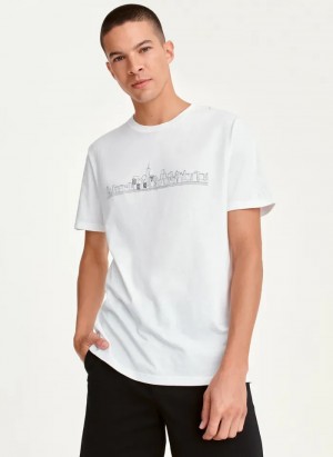 White Men's Dkny Dkny Cityscape Sketch T Shirts | 637PHVNUJ
