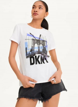 White Women's Dkny Brooklyn Bridge Logo T Shirts | 834MIYNHL