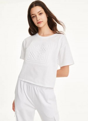 White Women's Dkny Cotton Jersey Crew With Logo Embossing Sweatshirts | 185CRGKBO