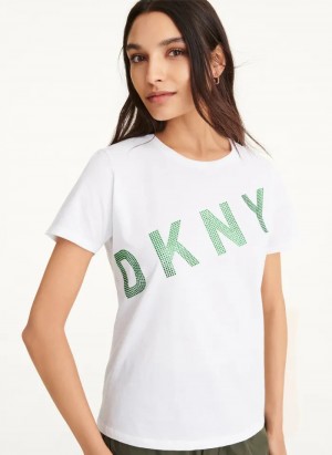 White Women's Dkny Diagonal Rhinestone Logo T Shirts | 879UHPNRQ