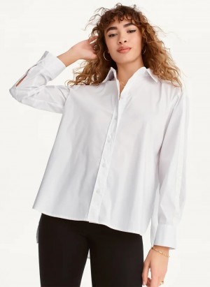 White Women's Dkny Long Sleeve High Low Tape Poplin Shirts | 975SWBNEY