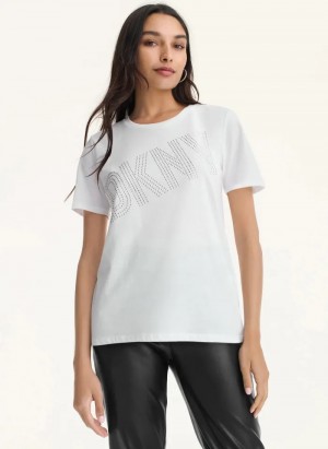 White Women's Dkny New Rhinestone T Shirts | 104IHJSFE