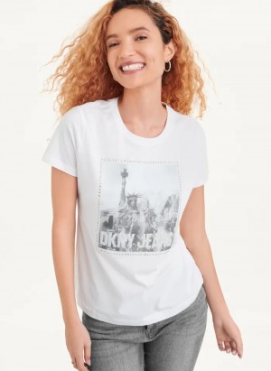 White Women's Dkny Short Sleeve City Logo T Shirts | 593WTIDFY