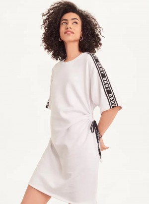 White Women's Dkny Short Sleeve Cotton French Terry / Logo Tape Dress | 453BQSRYF