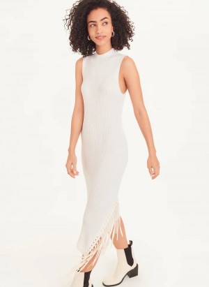 White Women's Dkny Sleeveless Rib Asymmetrical Fringe Dress | 294WUYNJK