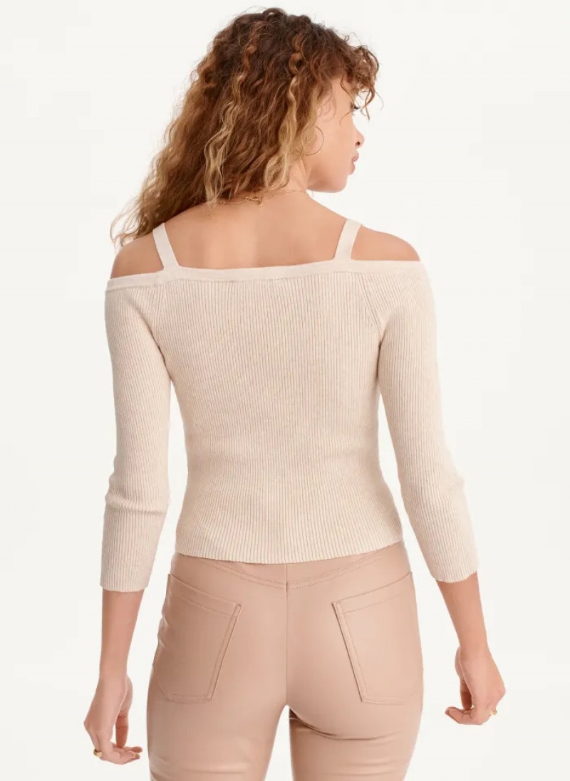 Beige Women's Dkny Long Sleeve Cold Shoulder Sweaters | 908ROHDXQ