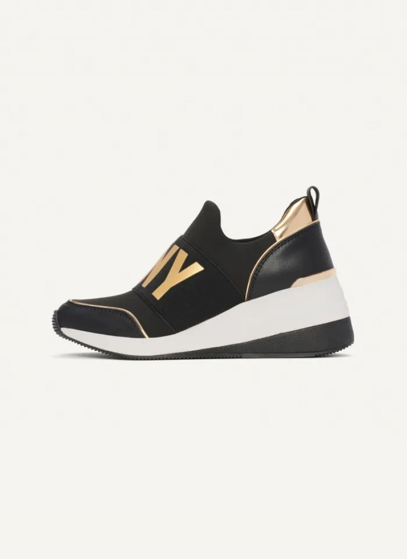 Black/Gold Women\'s Dkny Kamryn Slip On Wedge Sneakers | 287WIRVLT