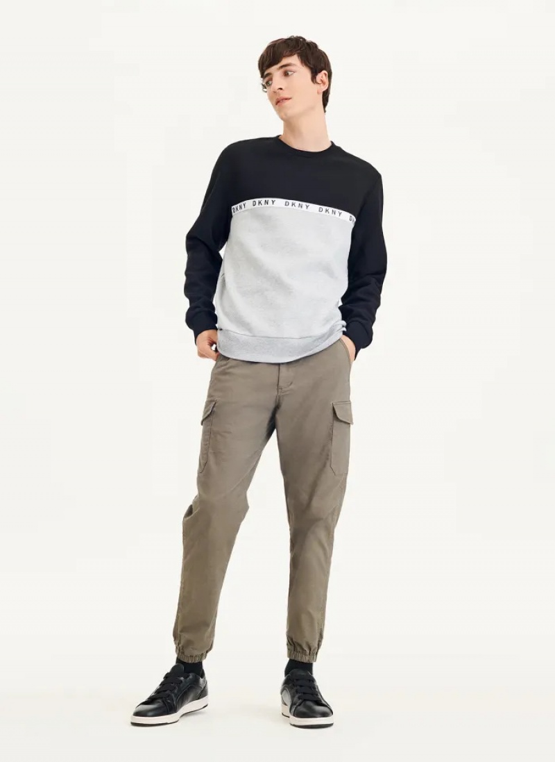 Black/Grey Men's Dkny Logo Fleece Crew Sweaters | 719NQBXFW