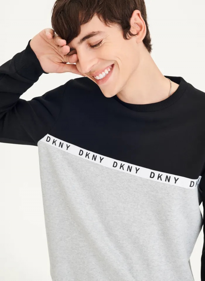 Black/Grey Men\'s Dkny Logo Fleece Crew Sweaters | 719NQBXFW