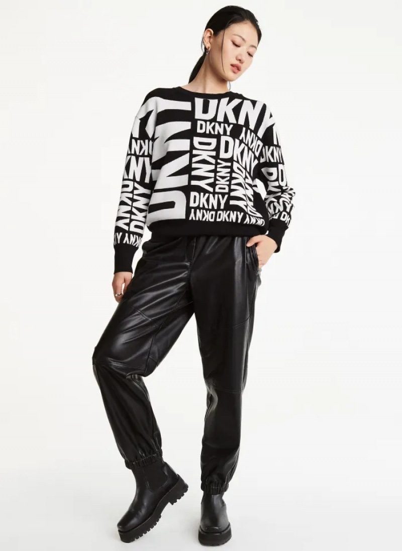 Black/Ivory Women's Dkny Long Sleeve Crew Neck Exploded Logo Sweaters | 843NWVZPS