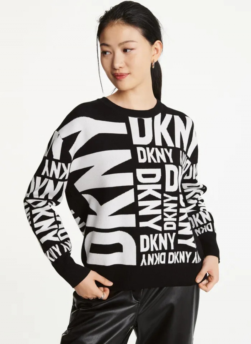 Black/Ivory Women\'s Dkny Long Sleeve Crew Neck Exploded Logo Sweaters | 843NWVZPS