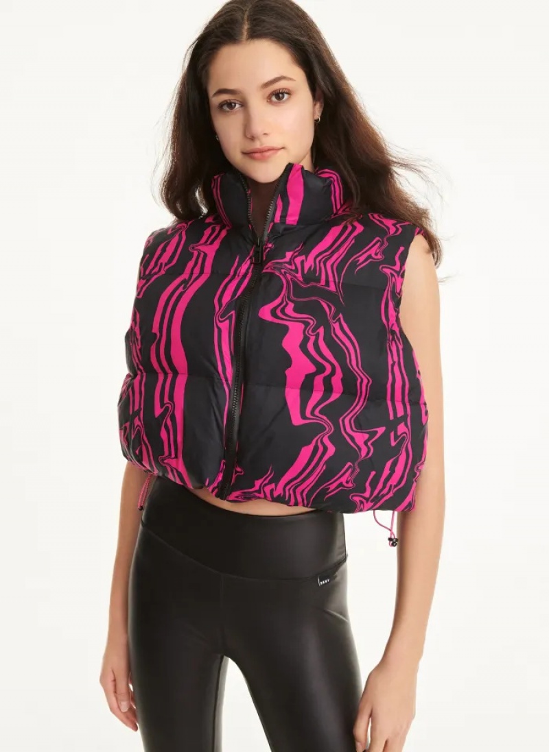 Black/Pink Women\'s Dkny Marble Print Vest Puffers | 547PHWBSA