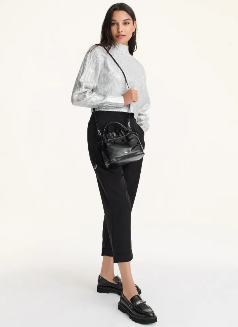 Black/Silver Women's Dkny Feven Top Handle Crossbody Bags | 968ULEQHV
