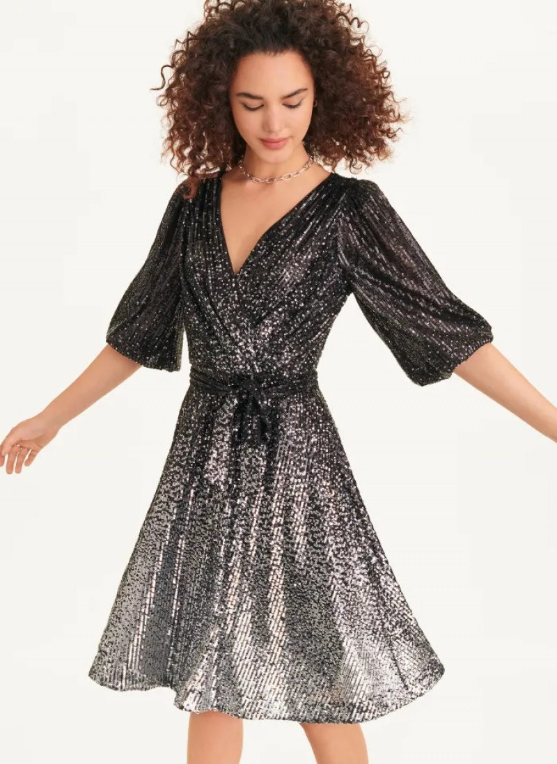 Black/Silver Women\'s Dkny Long Sleeve Wrap Sequin Dress | 251SOPYVZ