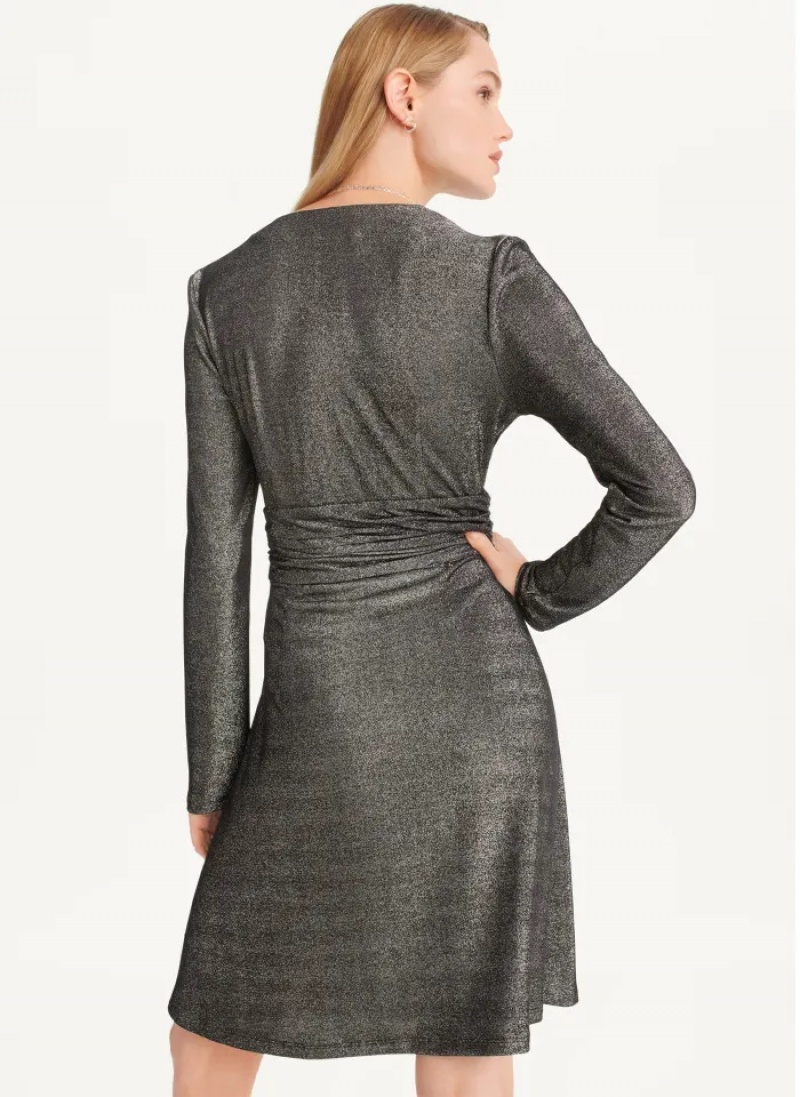 Black/Silver Women's Dkny Sparkle Knit Wrap Dress | 435NRJLDM