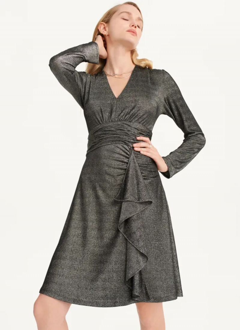Black/Silver Women\'s Dkny Sparkle Knit Wrap Dress | 435NRJLDM