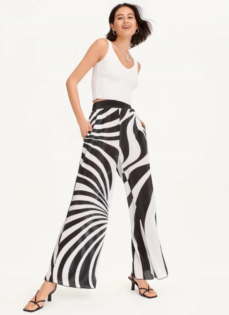 Black/White Women\'s Dkny High Waisted Pleated Flare Pants | 973RYKAOP