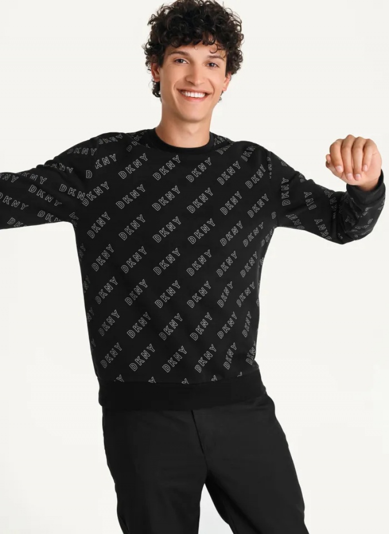Black Men's Dkny All Over Logo French Terrycrewneck Sweaters | 684RTUNEP