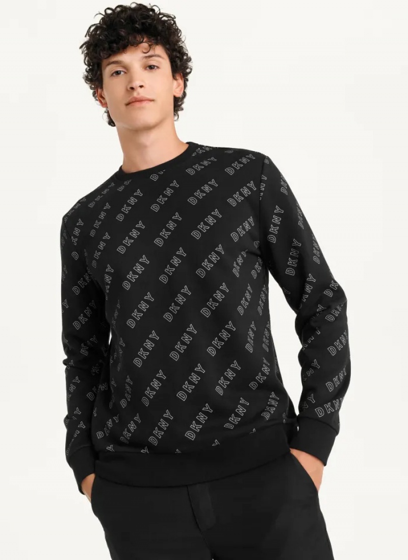 Black Men\'s Dkny All Over Logo French Terrycrewneck Sweaters | 684RTUNEP
