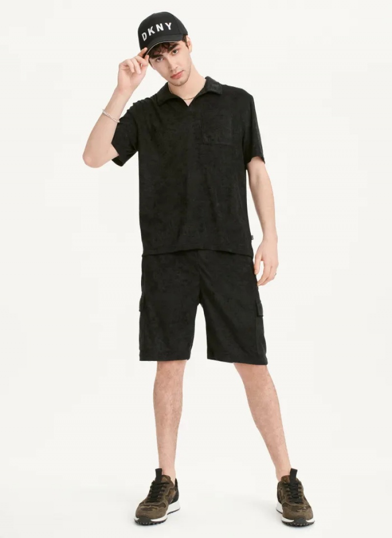 Black Men's Dkny Blend Toweling Short Sleeve Knit Polo Shirts | 269LUQHYA