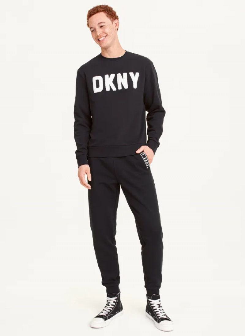 Black Men's Dkny Chenille Logo Crewneck Sweaters | 482MANHQX