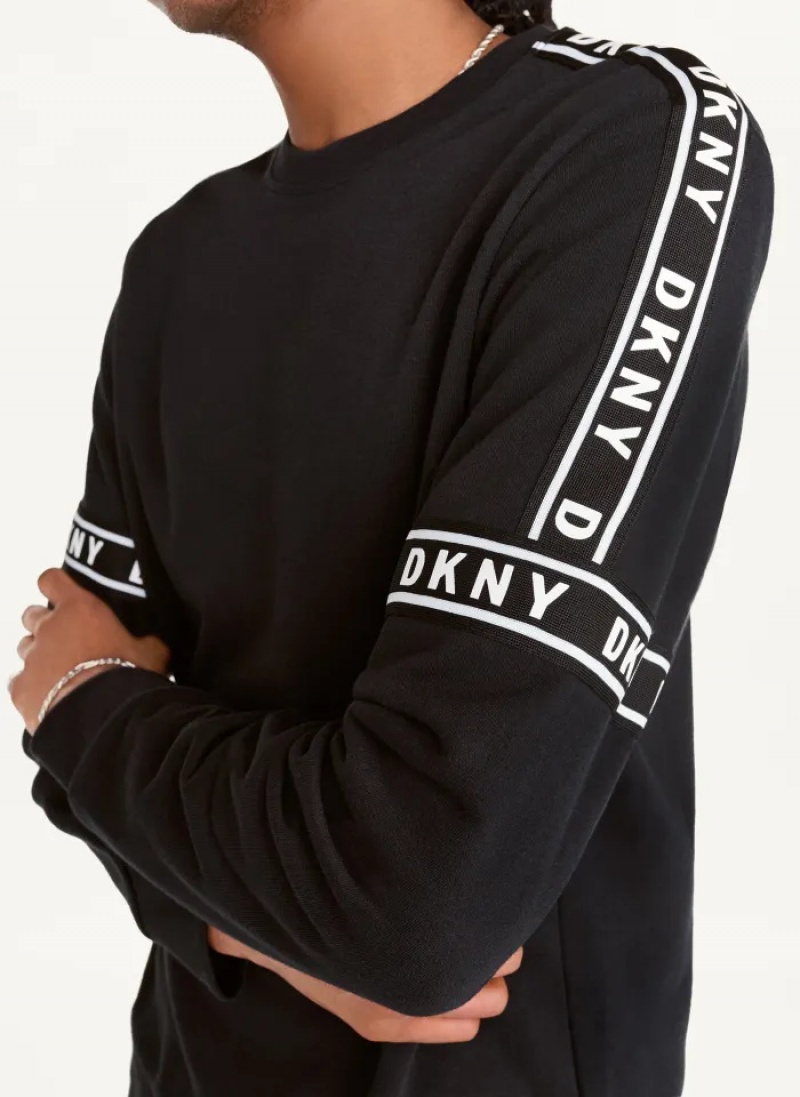 Black Men's Dkny Cotton French Terry Hockey Crewneck Sweaters | 408WGIYHN
