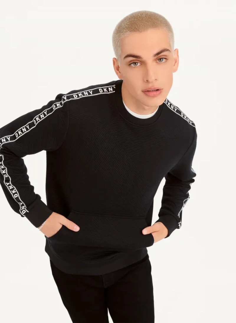 Black Men\'s Dkny Directional Quilting Crewneck Sweaters | 921GLUJZR