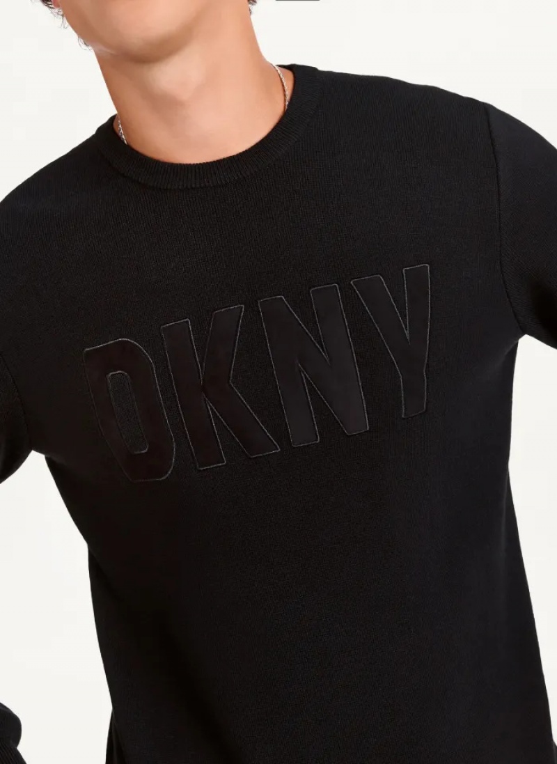 Black Men's Dkny Faux Leather Applique Crew Sweaters | 824MFXEKB