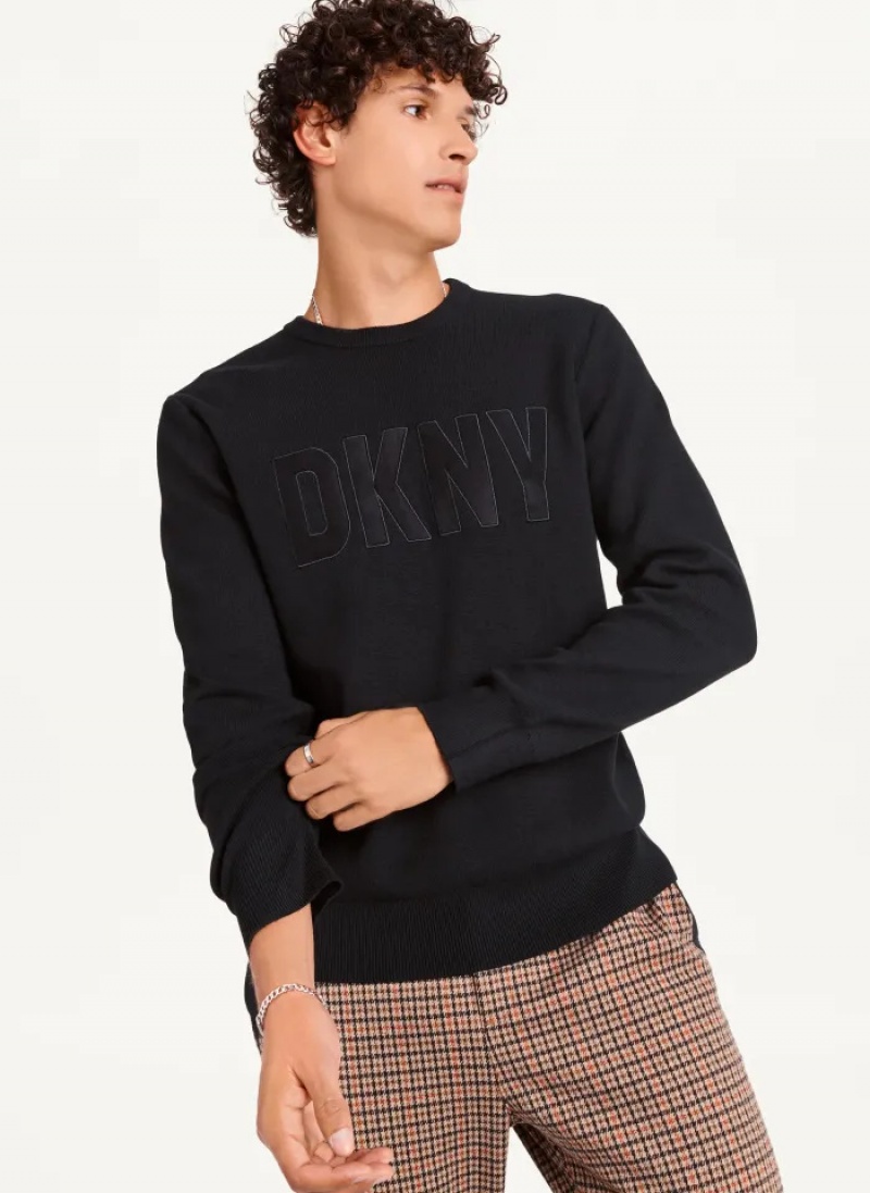 Black Men\'s Dkny Faux Leather Applique Crew Sweaters | 824MFXEKB