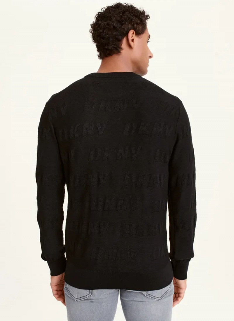 Black Men's Dkny Long Sleeve Allover Logo Crew Sweaters | 320OSYDQF