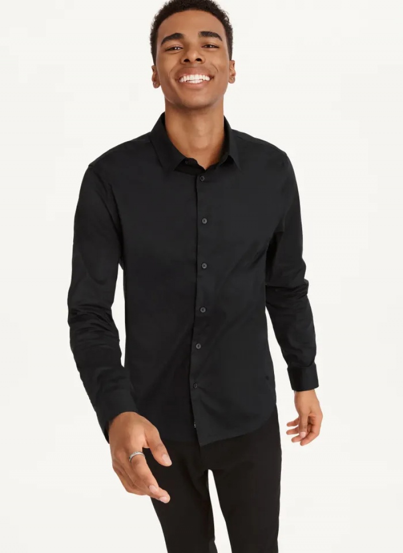 Black Men\'s Dkny Long Sleeve Button Down Shirts | 870CTHUEA