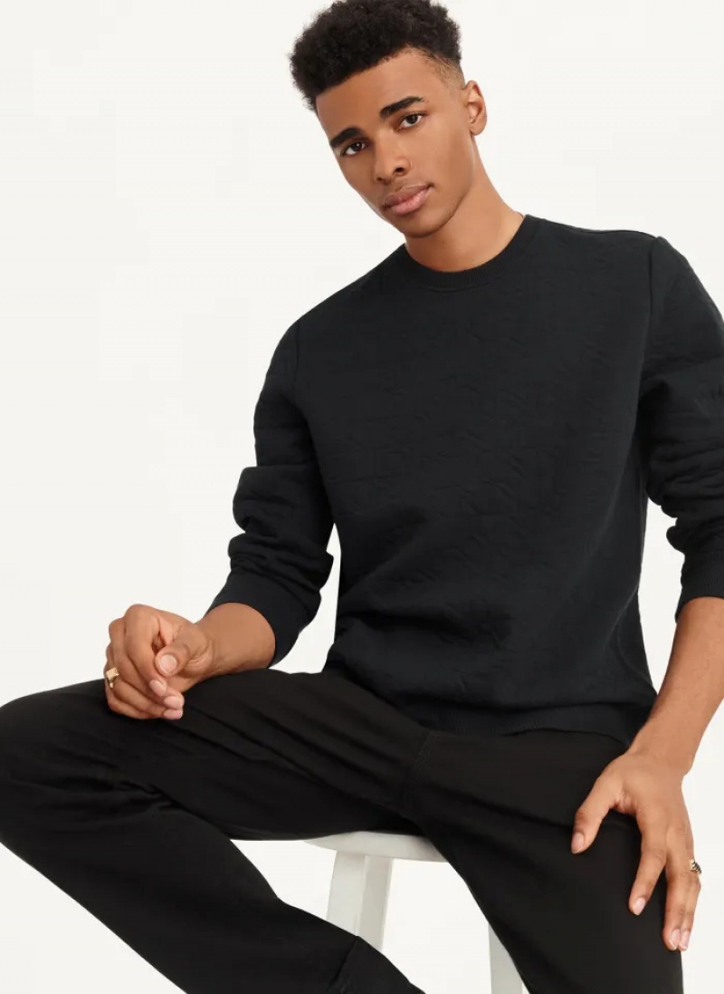Black Men's Dkny Quilted Knit Allover Logo Crewneck Sweaters | 074PCDLBF