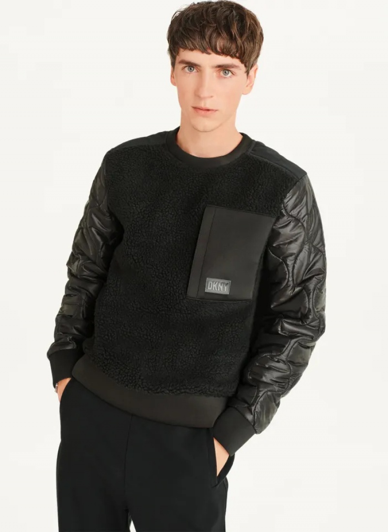 Black Men\'s Dkny Quilted Sleeve Crew Neck Sweaters | 719KAEQOS