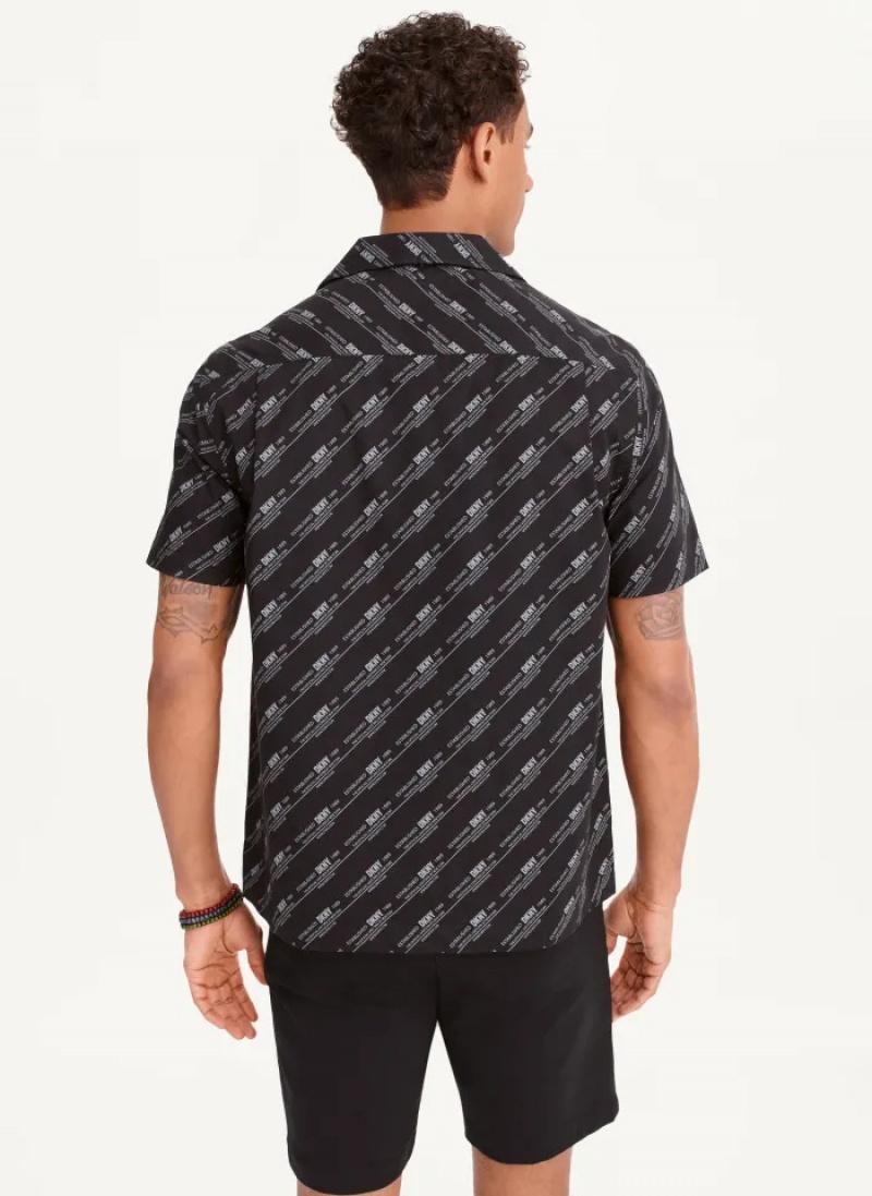 Black Men's Dkny Short Sleeve Camp Allover Stripe Logo Shirts | 951OGWHUR