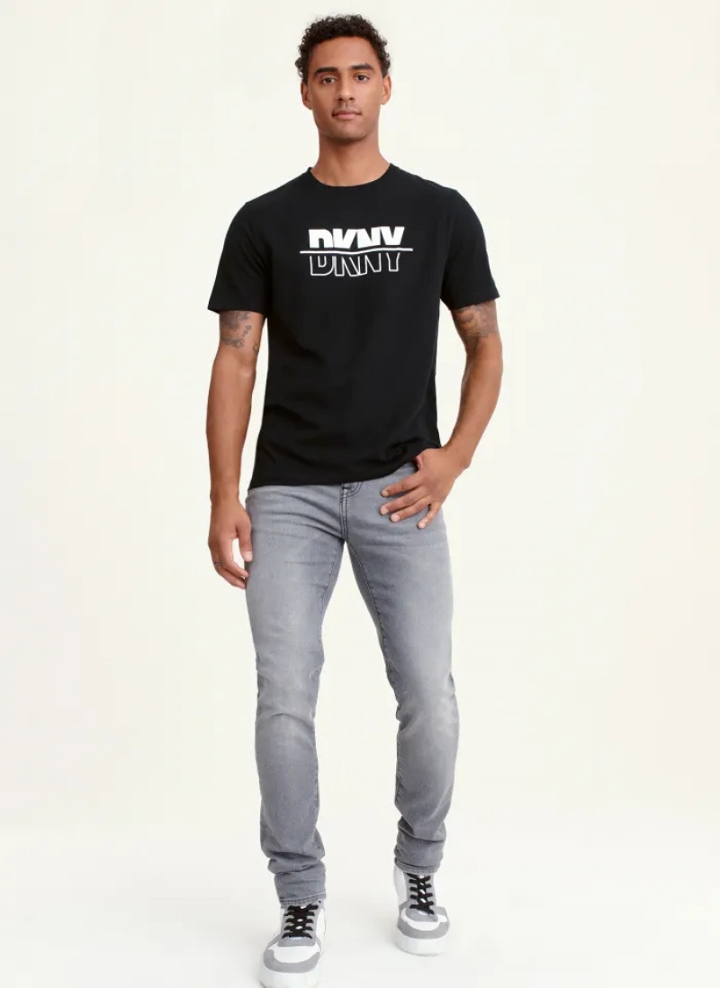 Black Men's Dkny Split Solid/Outline Logo T Shirts | 760ZPGNLJ
